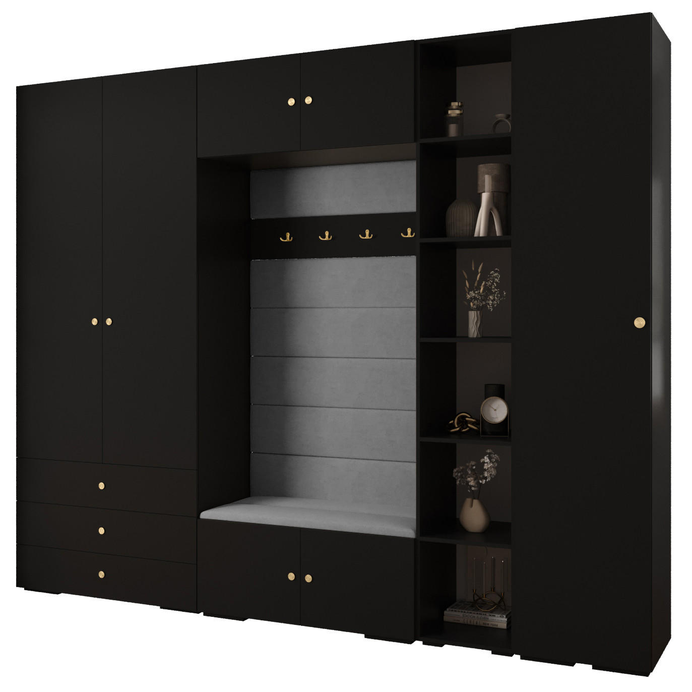 Abiks Möbel Garderoben-Set Schwarz, Grau, Gold 290x236.7x47 cm