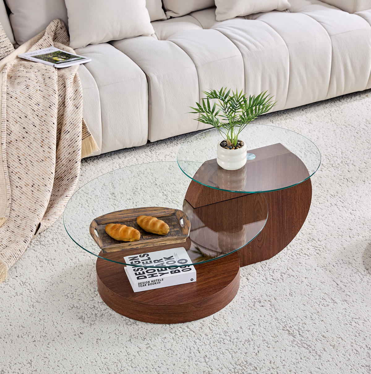 COUCHTISCH mit Glas aus MDF in Walnussoptik mit 2 Ebenen und Sicherheitsglas,70/70/44 cm - Walnussfarben, Holzwerkstoff (70/70/44cm) - Flora Grace