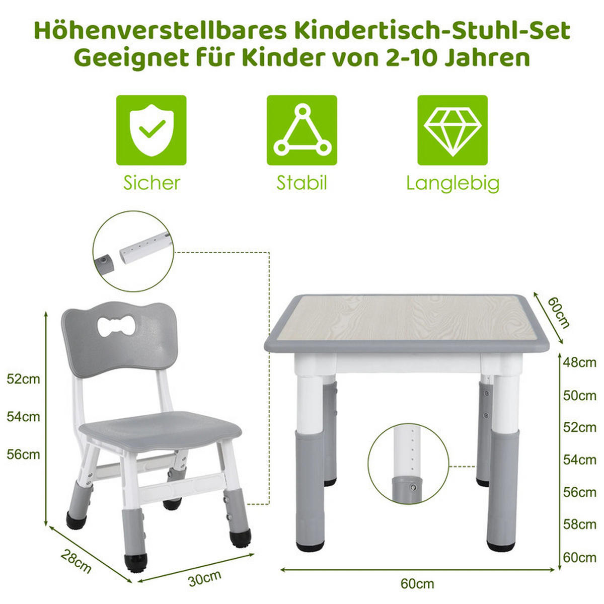KINDERSITZGRUPPE Hellgrau Höhenverstellbar - Grau, Kunststoff (60/48/60cm) - Bextsrack