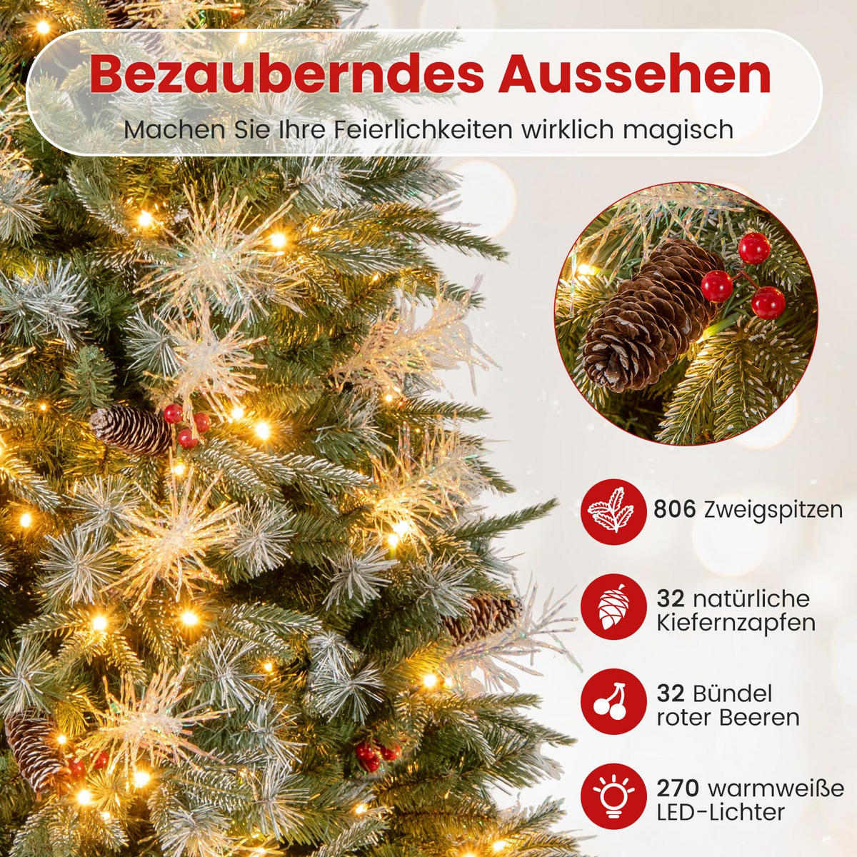 WEIHNACHTSBAUM mit 270 warmweißen LED-Lichtern 8 Lichtmodi 180 cm grün - Grün, Metall (180cm) - COSTWAY