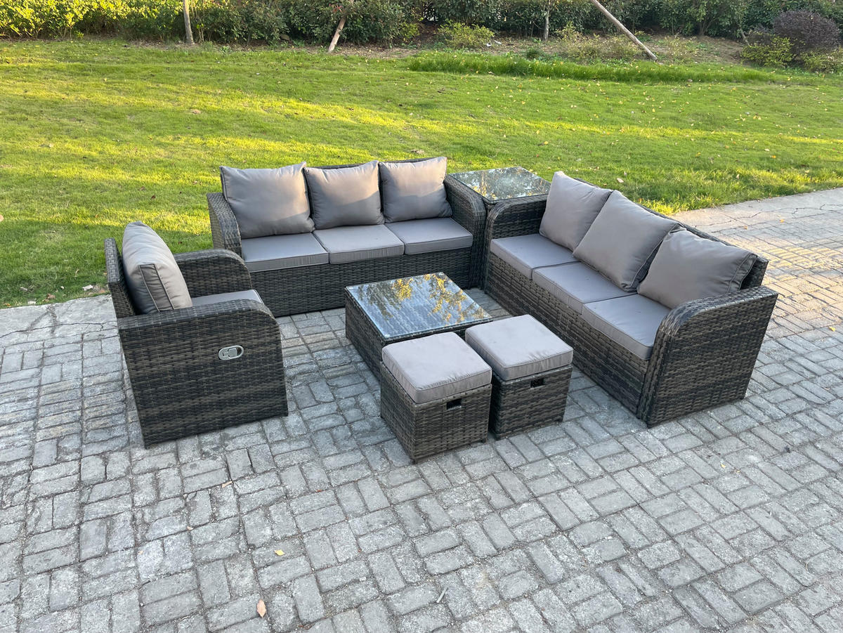 GARTENMÖBEL SET mit 3-SITZER SOFA Polyrattan Dunkelgrau 9-Sitzer - Dunkelgrau/Grau, Glas/Kunststoff - Fimous