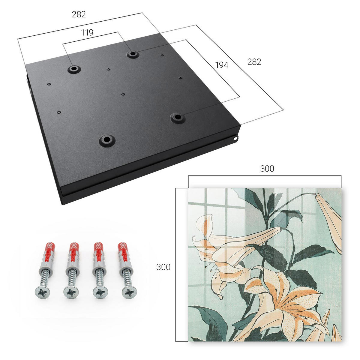 SCHLÜSSELBOX Schwarz 30x30 cm- Türöffnung nach rechts - Zarte Lilien - Grün, Metall (30/30/5cm) - TULUP