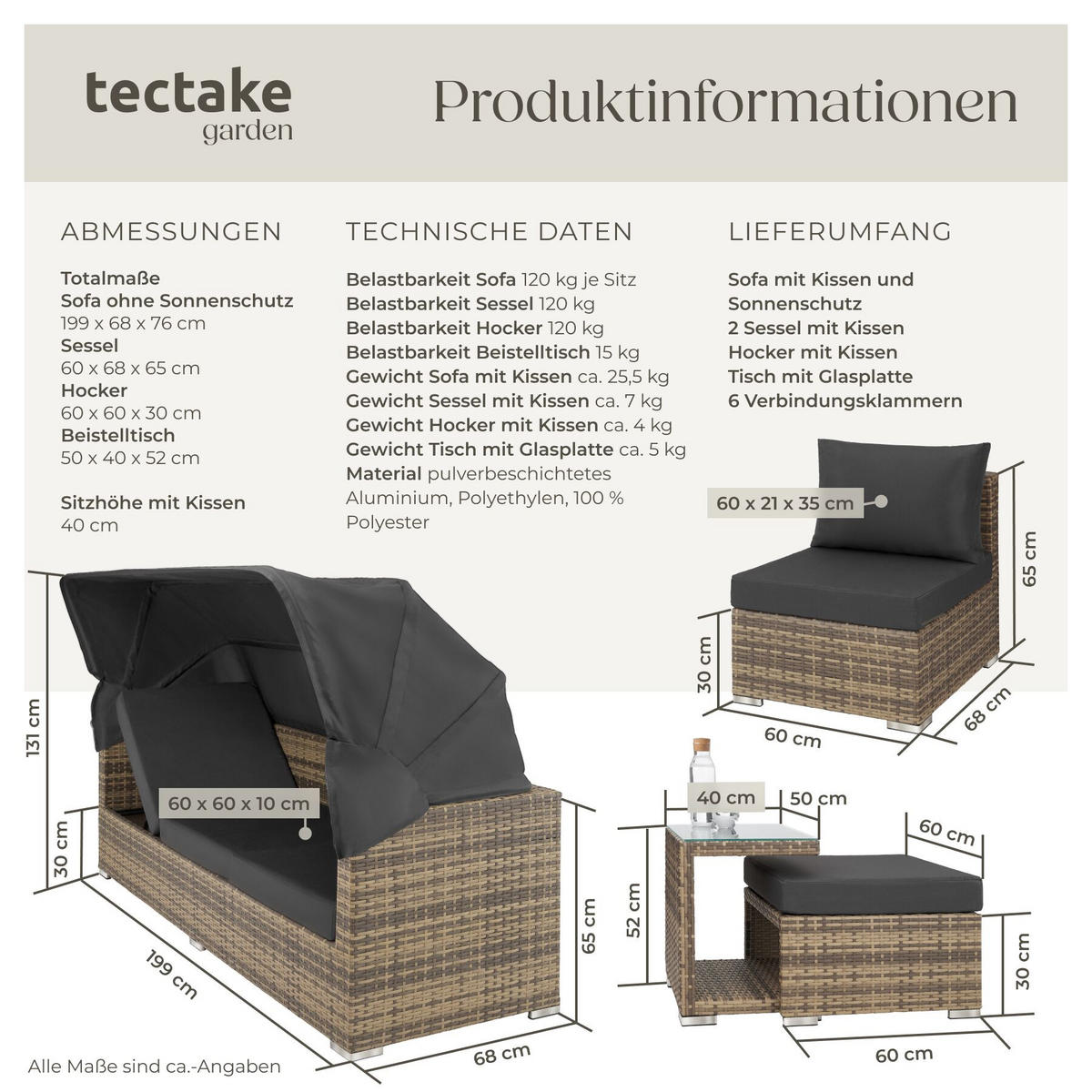 RATTANLOUNGE San Marino, mit Sicherheitsglasplatte, variabel aufstellbar, natur - Naturfarben, Kunststoff (68/131/199cm) - tectake