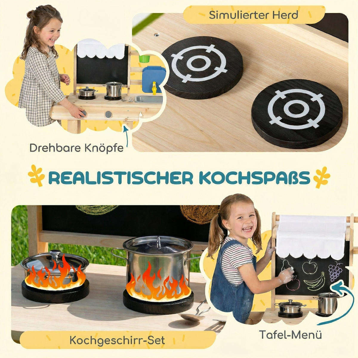 OUTDOOR-KINDER-MATSCHKÜCHE Tannenholz Edelstahl Naturholz - Naturfarben, Holz (34.4/84.2cm) - AIYAPLAY
