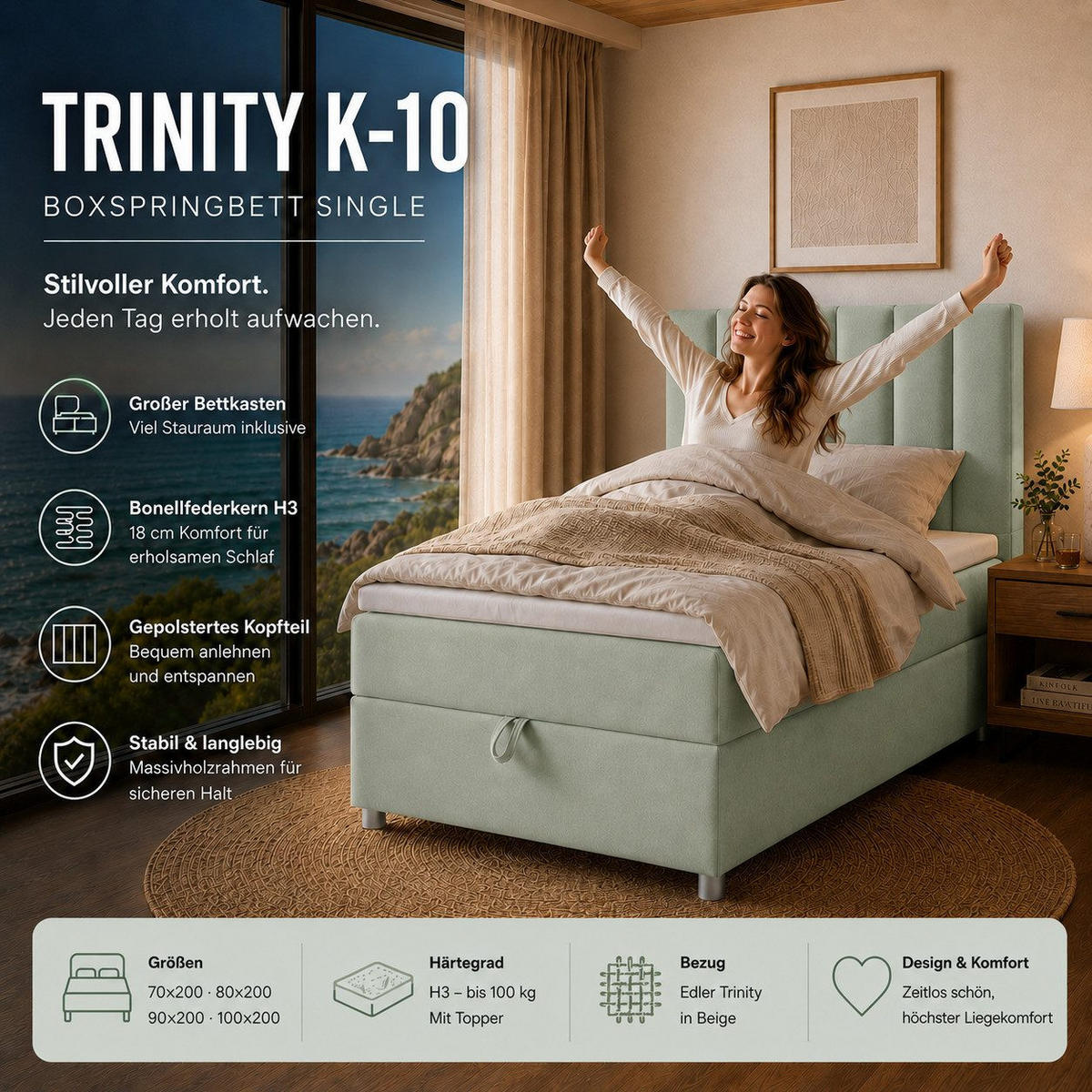 BOXBETT mit Bettkasten Trinity K-10 SINGLE Bonellfederkern inkl. Topper - Mintgrün, Holz/Holzwerkstoff (80/200cm) - Best For Home