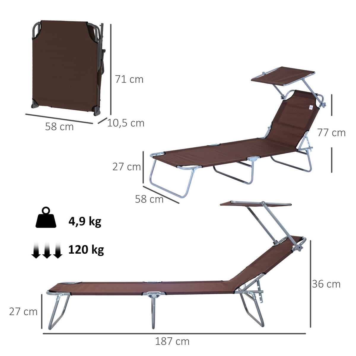SONNENLIEGE DE-07707 klappbar, mit Sonnenschutz, 4-fach verstellbar Braun - Braun, Metall (58/36/187cm) - ComfortXL