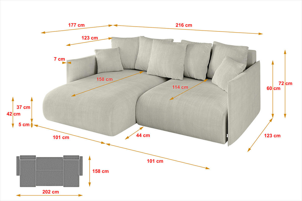 ECKSOFA mit Schlaffunktion und Bettkasten ONESK-L 216x177x72 Hellgrau Cord - Greige/Hellgrau, Holzwerkstoff/Kunststoff (216/177cm) - ALTDECOR