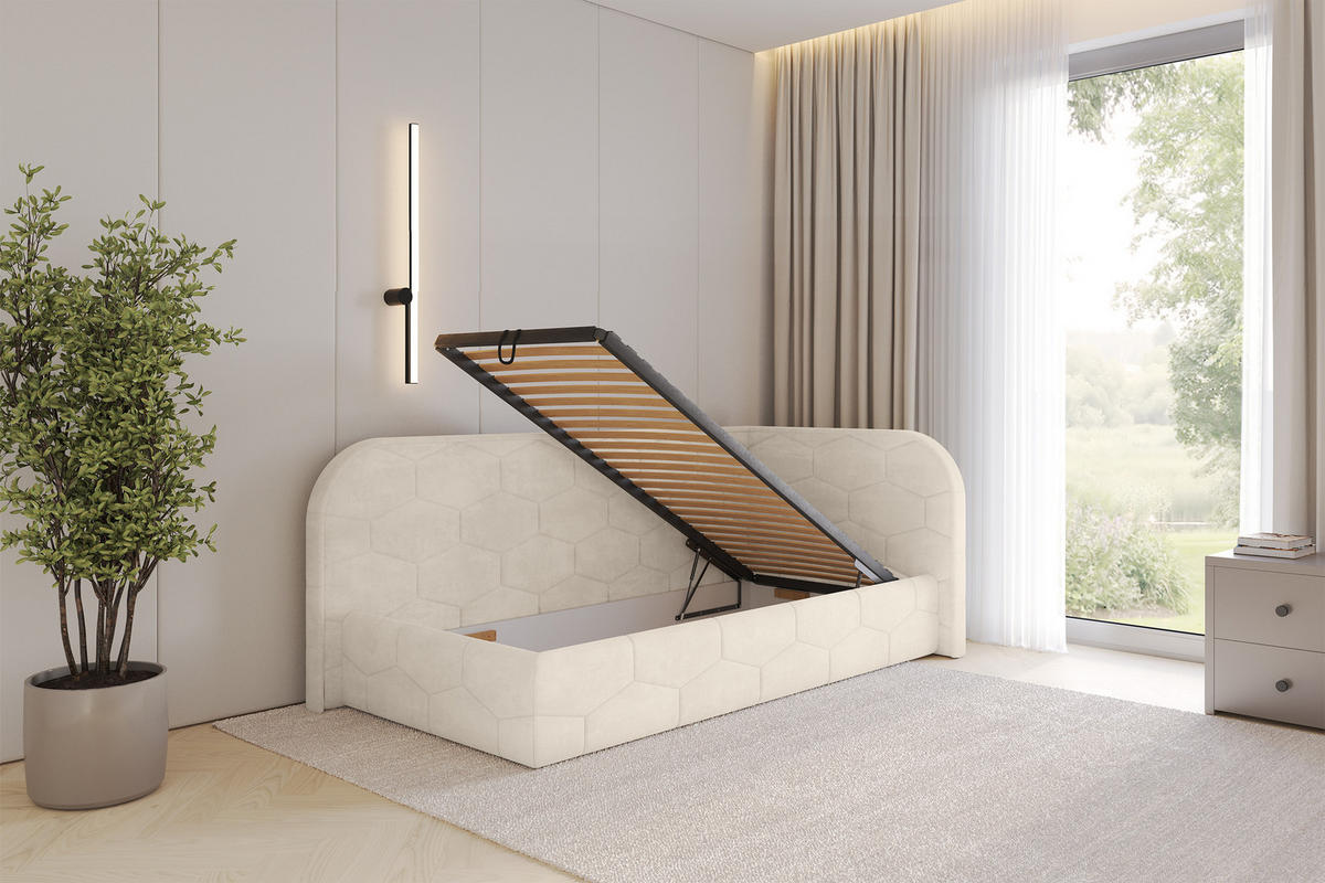 EINZELLBETT Jugendbett mit Bettkasten und Matratze H3/H4, Links - JAXY 90x200 Beige - Beige, Holzwerkstoff/Textil (90/200cm) - ALTDECOR