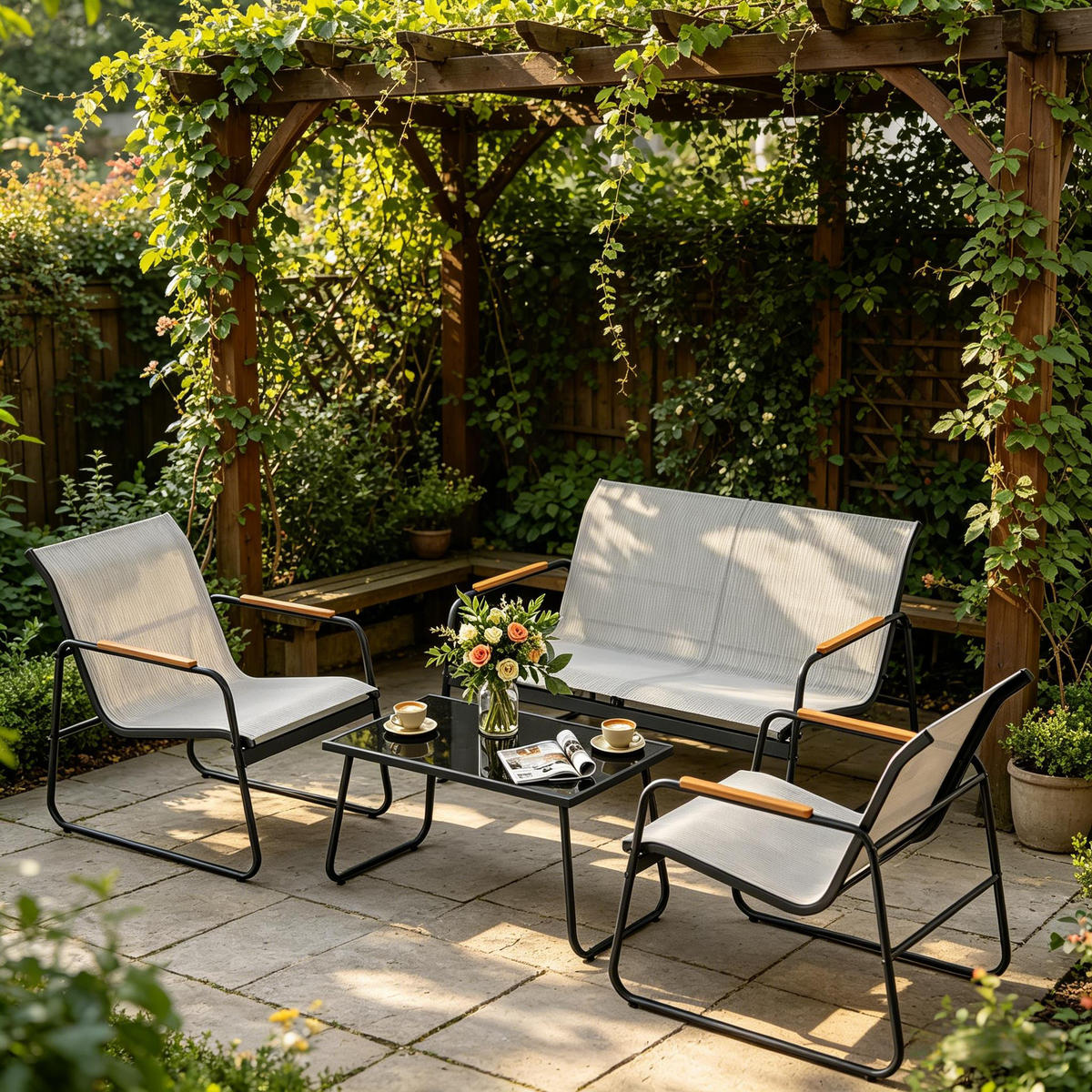 GARTENMÖBEL-SET Grau 4-teilig mit Glastisch & Armlehnen in Holz-Optik - Grau, Metall - PANGIVO