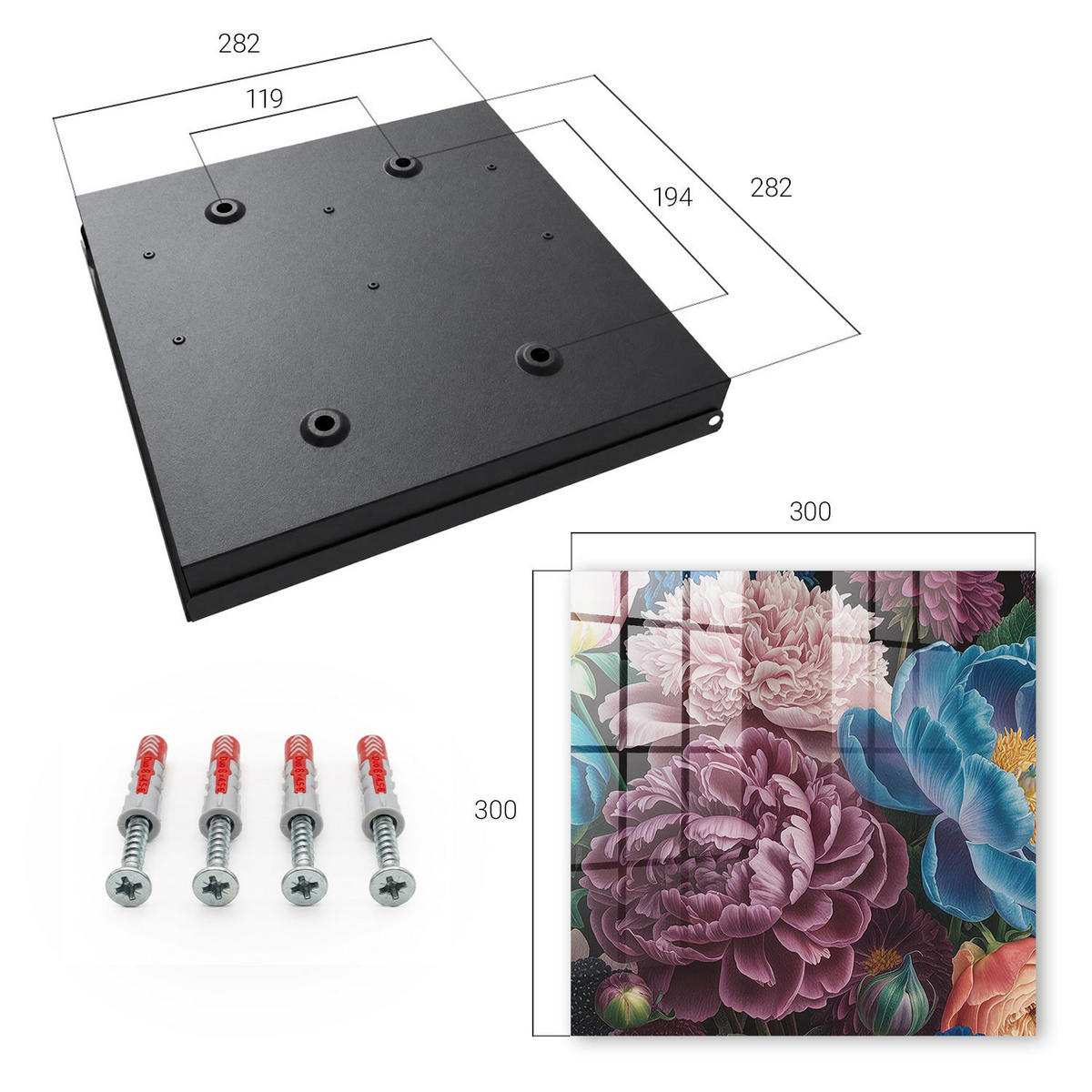 SCHLÜSSELBOX Schwarz 30x30 cm- Türöffnung nach rechts - Bunte Blumen - Pink, Metall (30/30/5cm) - TULUP