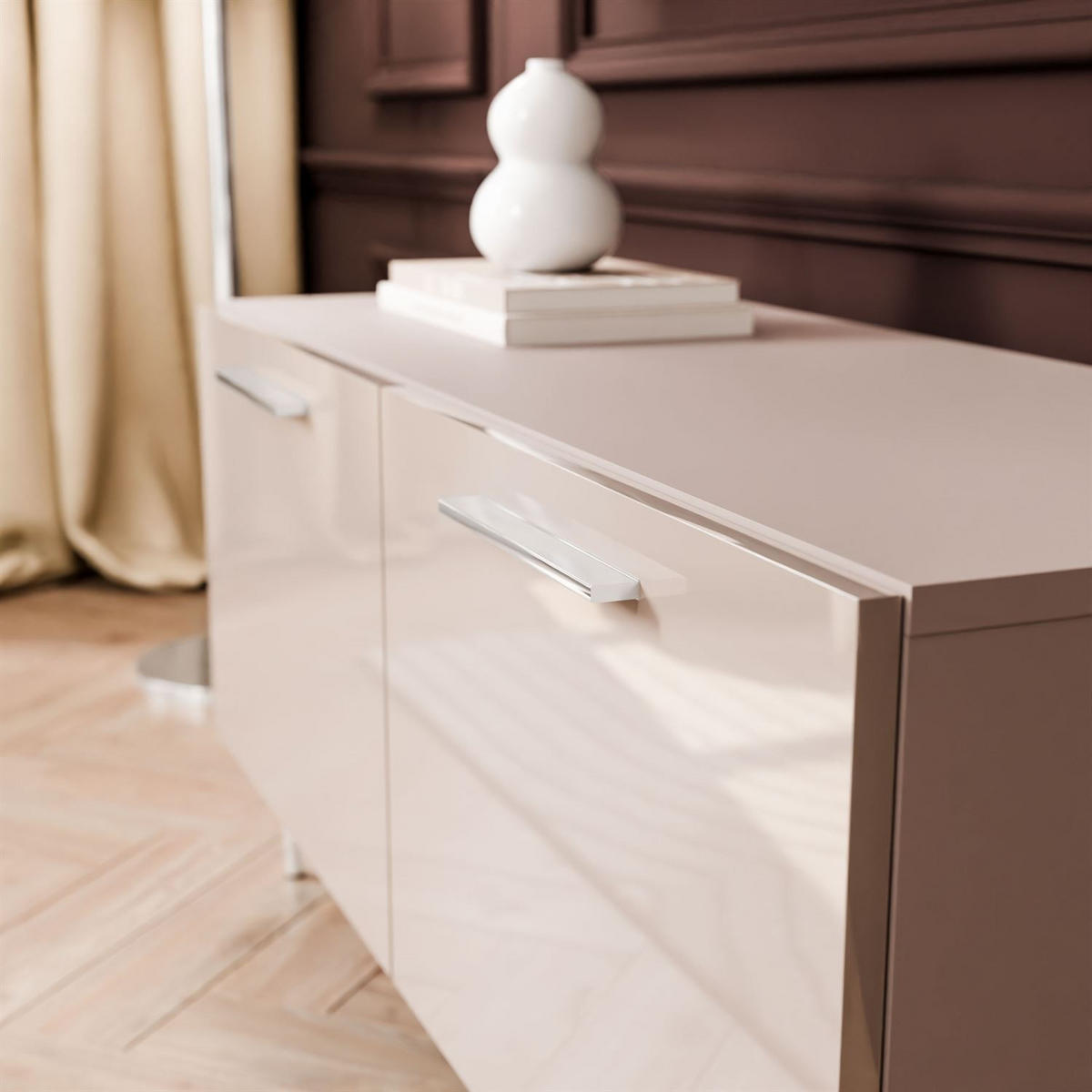 TV-ELEMENT AURA 100 KASCHMIR Hochglanz auf geraden silbernen Beinen - Kaschmir/Silberfarben, Holzwerkstoff (100/50/40cm) - Lookway