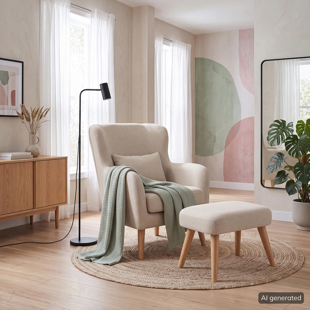 SESSEL mit Hocker - Beige, Holz/Birkenholz (75/96/78cm) - home24