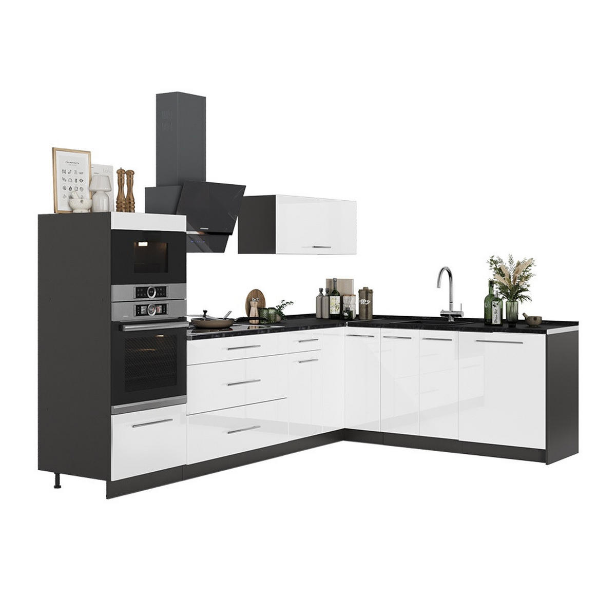 KUHINJA U OBLIKU SLOVA L Fame-Line, Sjajna Bijela /Antracit, 287 x 207 cm, RP Hrast - bijela visoki sjaj/antracit, drvni materijal (287/153.6/60cm) - Vicco