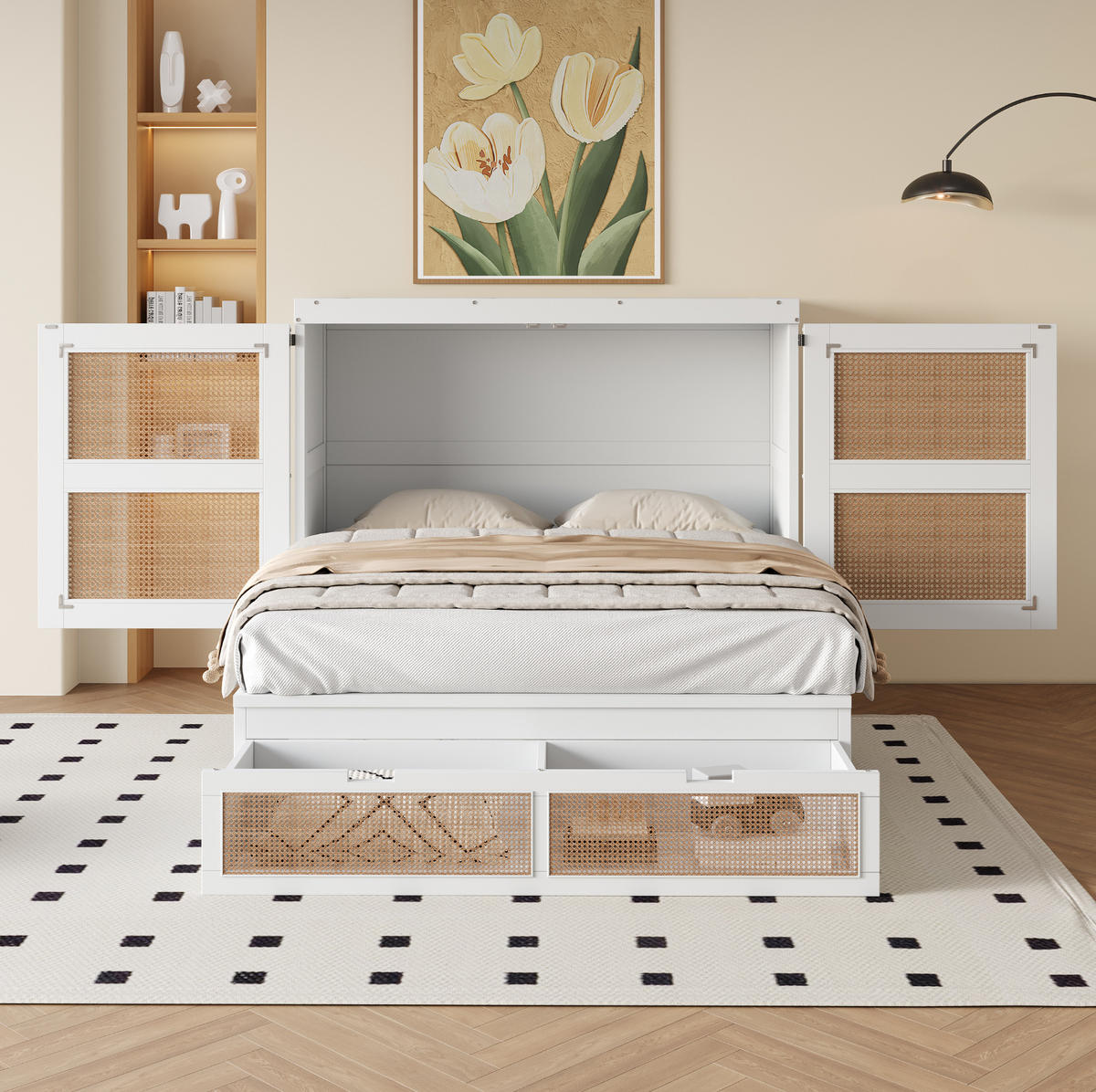 MULTIFUNKTIONSBETT 140/200 cm Weiß Rattan-Design mit Stauraumschubladen aus Holz - Weiß, Holzwerkstoff (140/200cm) - OKWISH