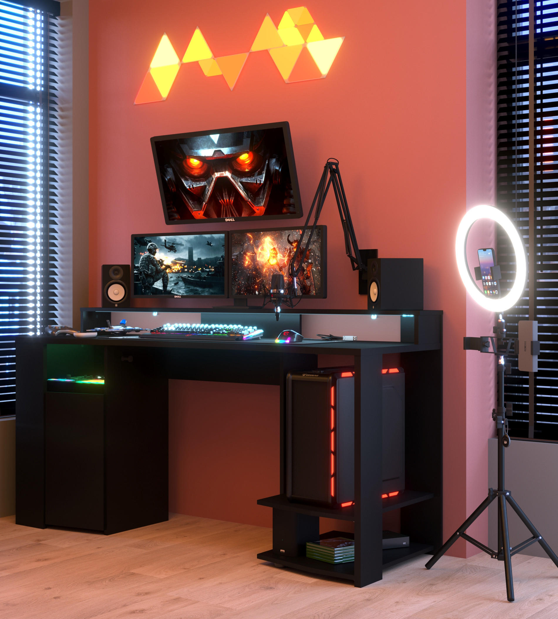 GAMING MÖBEL 11 in Schwarz Gamingzimmer mit Beleuchtung - Schwarz, Holzwerkstoff (120/200/80cm)