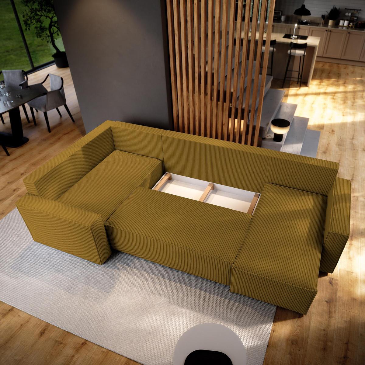 WOHNLANDSCHAFT NORENA L-S Gelb Kordstoff mit Schlaffunktion - Gelb, Holz (295/85/157.5cm) - MASSENO