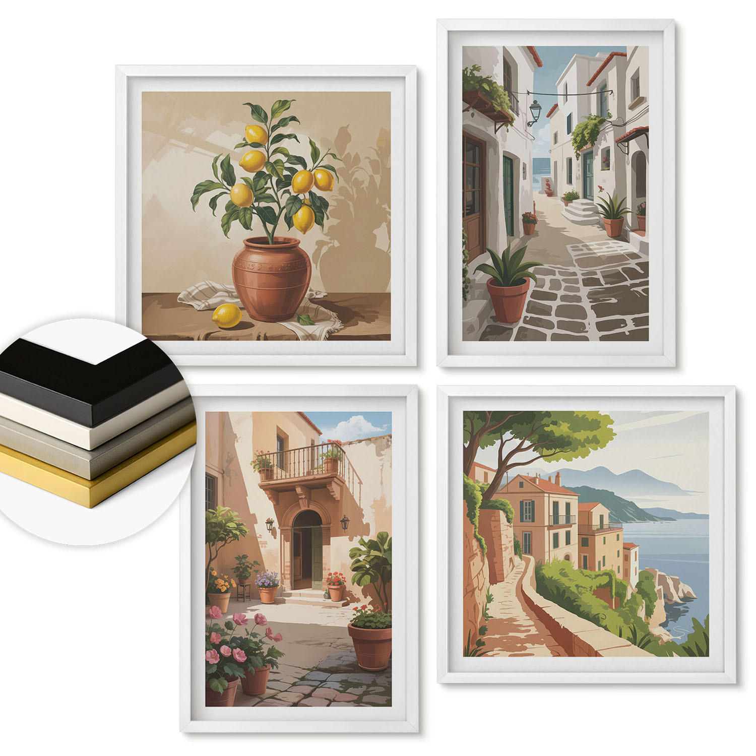 WANDBILDER 4er-Set - 50x50 cm & 40x60 cm Weißer Rahmen - Straßen, Häuser, Pflanzen, Töpfe - Weiß, Kunststoff (50/50cm) - ArtPrintCave