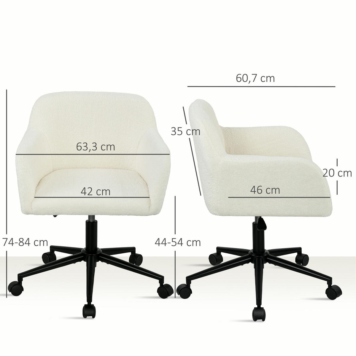 DREHBARER Bürostuhl mit Rollen, Schreibtischstuhl, Fleece-Stoff, Schaumstoff, höhenverstellbar, Homeoffice, Cremeweiß - Creme, Textil (60.7/84/63.3cm)