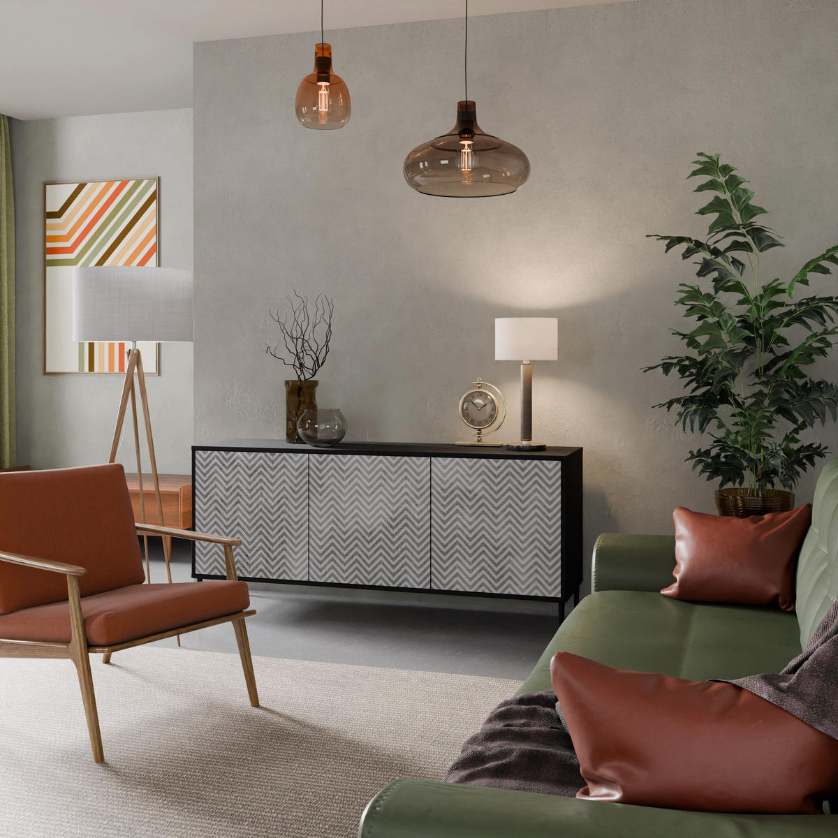 SIDEBOARD CONCRETE ZIG ZAG, Eicheneffekt, 164,5x42x77,5 cm, 3 Türen - Eichefarben/Buchefarben, Holzwerkstoff/Buchenholz (164.5/77.5/42cm) - SpaceRebels