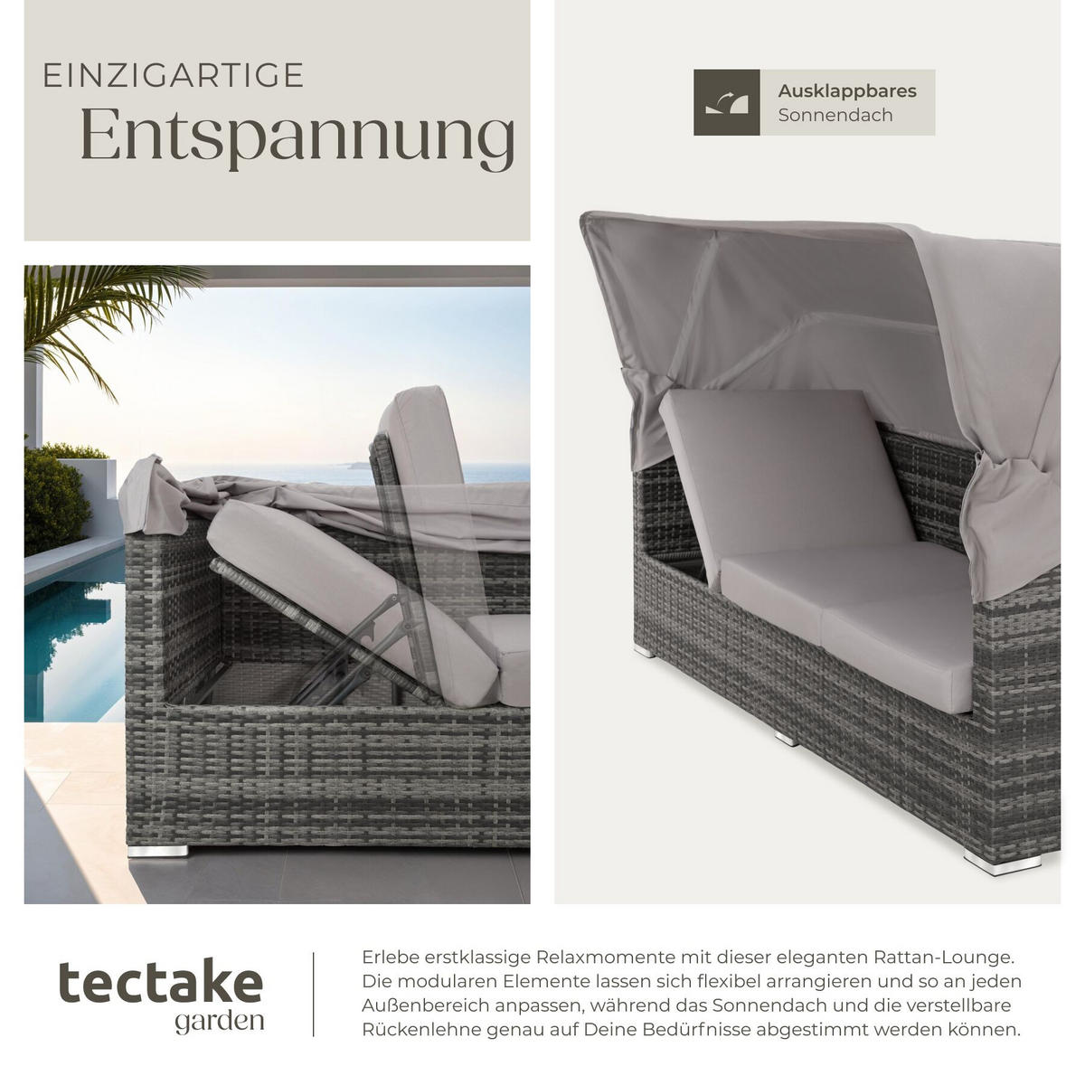 ALUMINIUM RATTANLOUNGE San Marino, mit klappbarem Sonnenschutz, grau - Grau, Kunststoff (68/131/199cm) - tectake