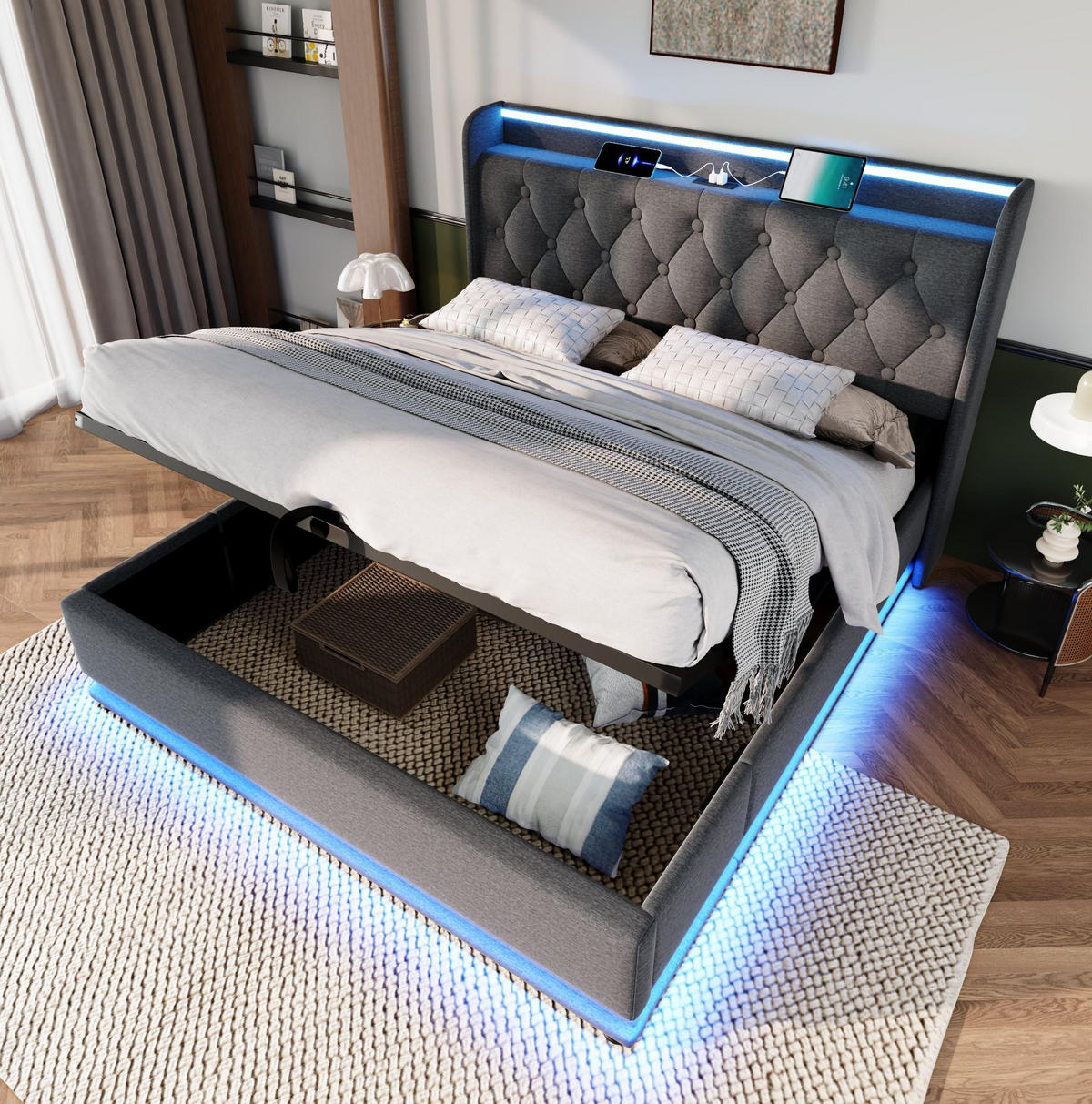 POLSTERBETT 180/200 cm mit hydraulischem Bettkasten, 360° LED und USB/Typ-C im Kopfteil,Grau - Grau, Textil (180/200cm) - Redom