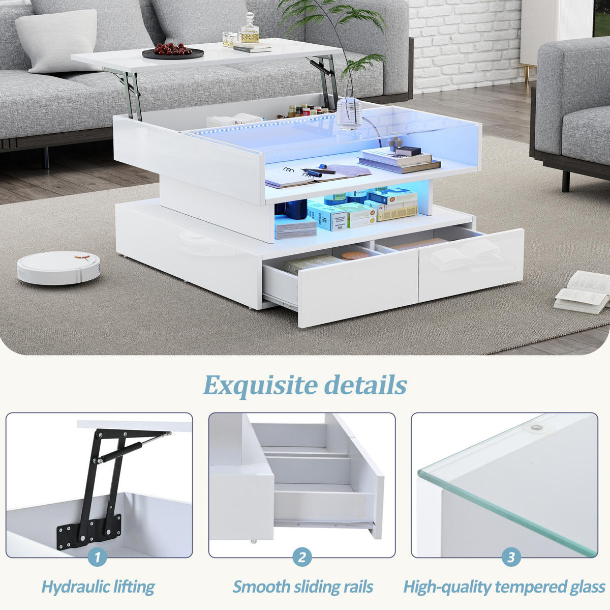 COUCHTISCH aus Spanplatte und Glas 80x80x45 cm Weiß mit Hubfunktion, LED und 2 Schubladen - Weiß, Holzwerkstoff (80/80/45cm) - IVMEU