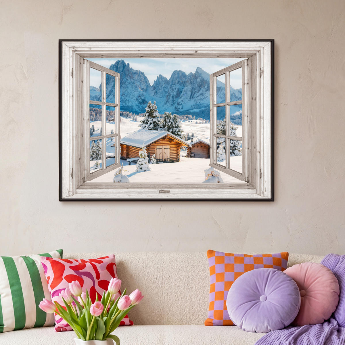 LEINWAND Bilder mit Rahmen - Winterlandschaft - Hütte - Berge - Ausblicke - Aussicht - Natur - 100x70 - Weiß Hochglanz, Textil (100/70cm) - MuchoWow