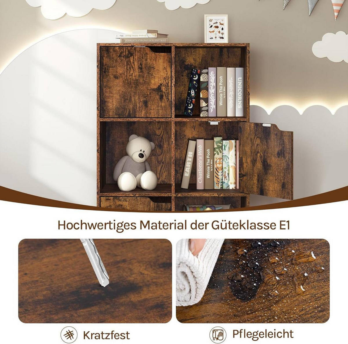 REGALE Bücherregal mit 3 Türen, 6 Fächer, Vintagebraun - Dunkelbraun/Weiß, Holzwerkstoff/Kunststoff (59.6/91/29cm) - Woltu