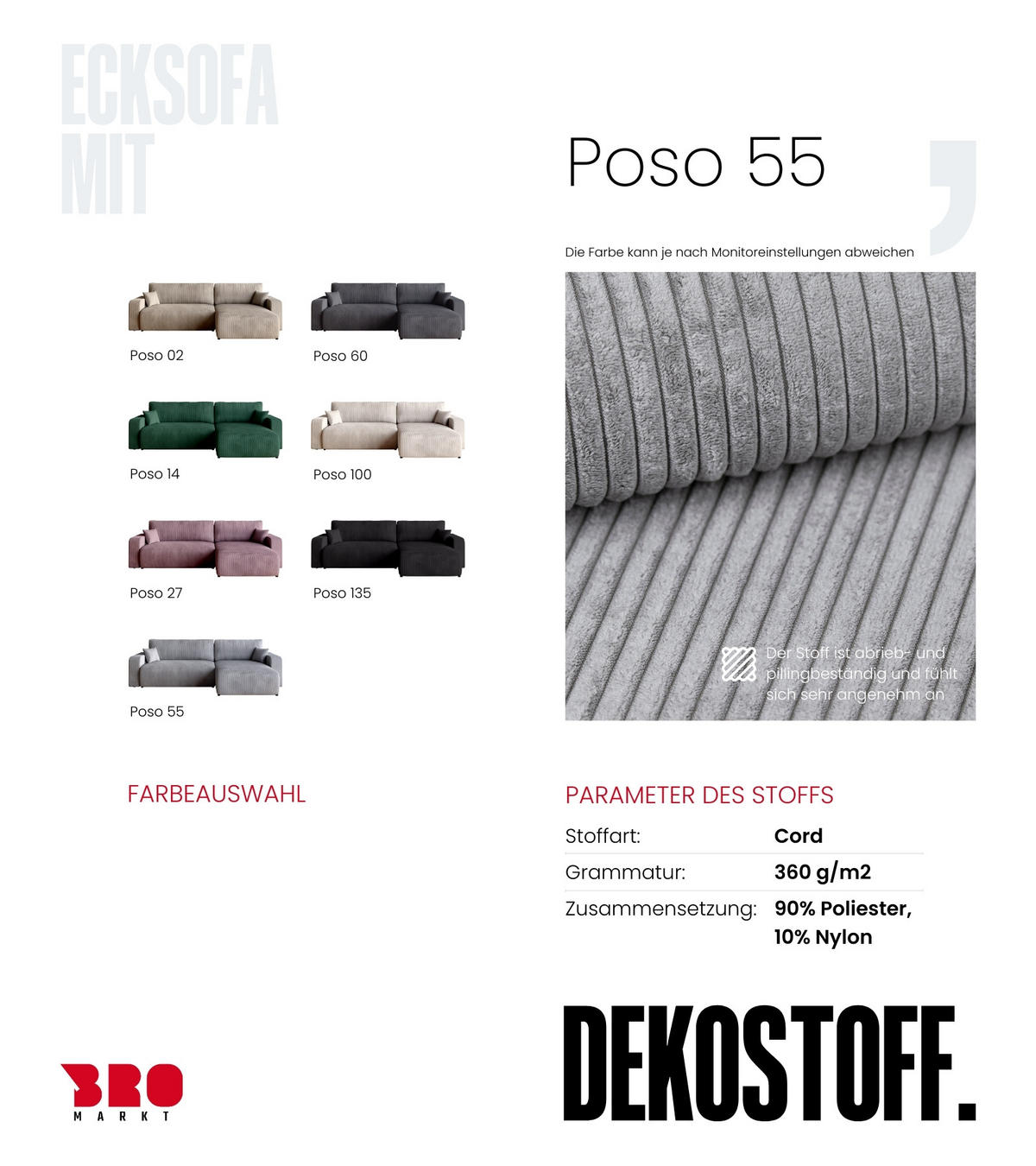 ECKSOFA PUMI XL mit Schlaffunktion Hellgrau Cord - Hellgrau, Textil (274/148cm) - Bromarkt