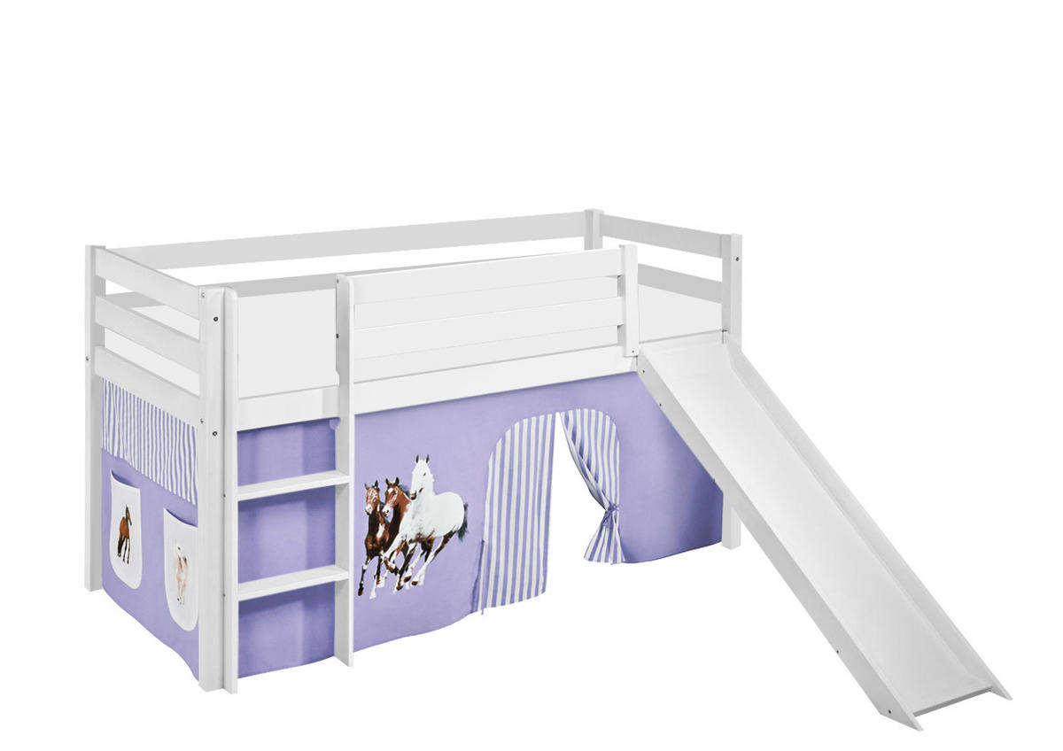 SPIELBETT JELLE Pferde Lila Beige - Hochbett - mit Rutsche und Vorhang - Weiß, Holz - Lilokids