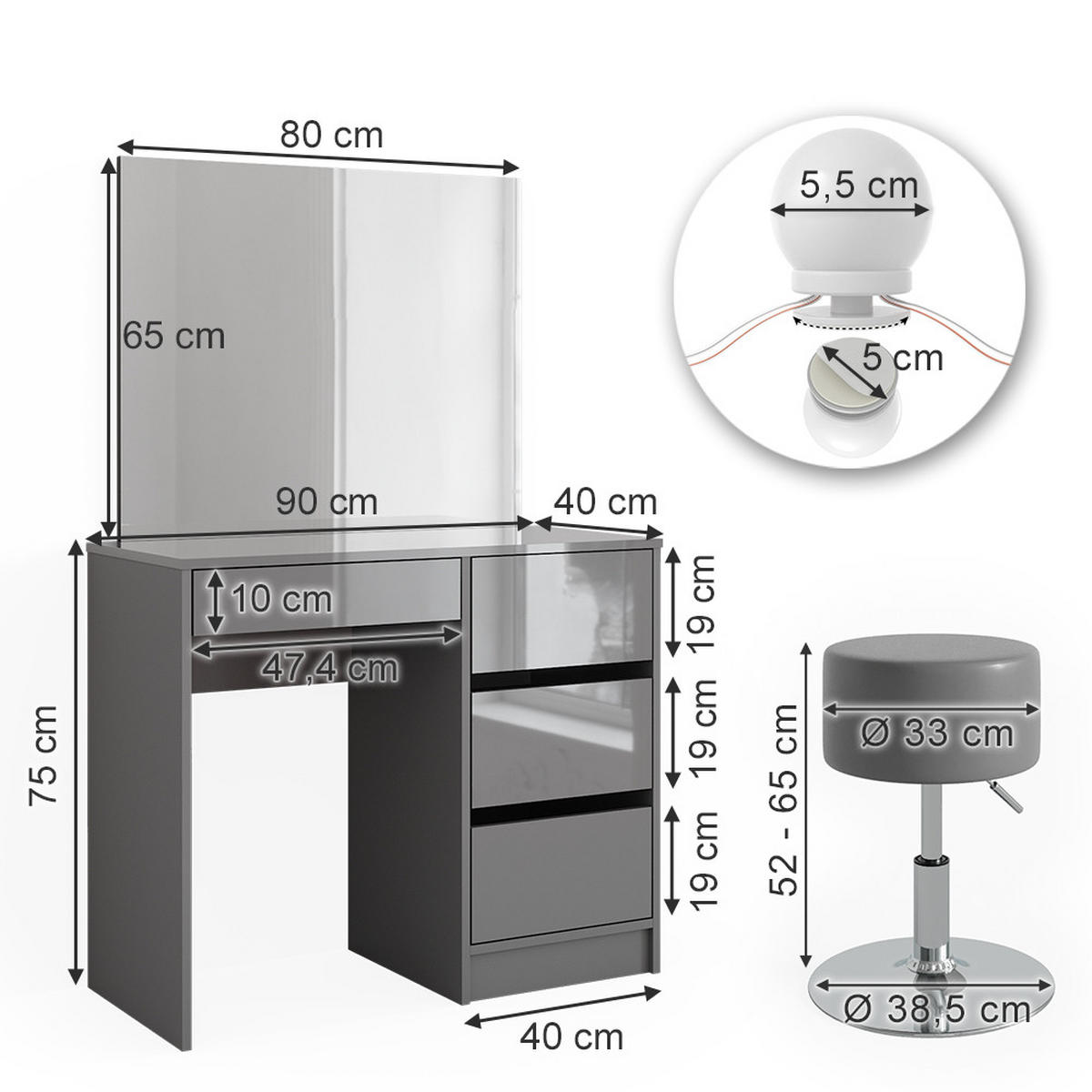 SCHMINKTISCH Sherry Grau 90 cm mit LED Beleuchtung und Hocker - Grau, Holzwerkstoff (90/75/40cm) - Vicco