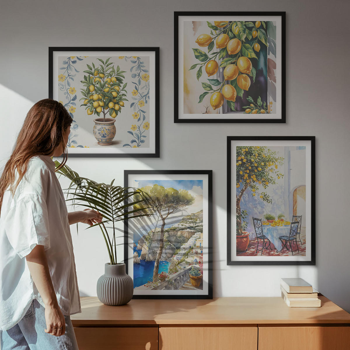 WANDBILDER 4er-Set - 50x50 cm & 40x60 cm Schwarzer Rahmen - Zitronenbäume am Meer - Schwarz, Kunststoff (50/50cm) - ArtPrintCave