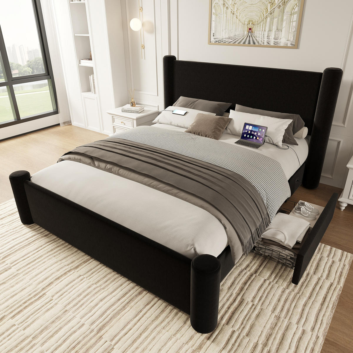 POLSTERBETT 140/200 cm Schwarz mit 2 Stauraumschubladen und USB-Ports - Schwarz, Textil (140/200cm) - OKWISH