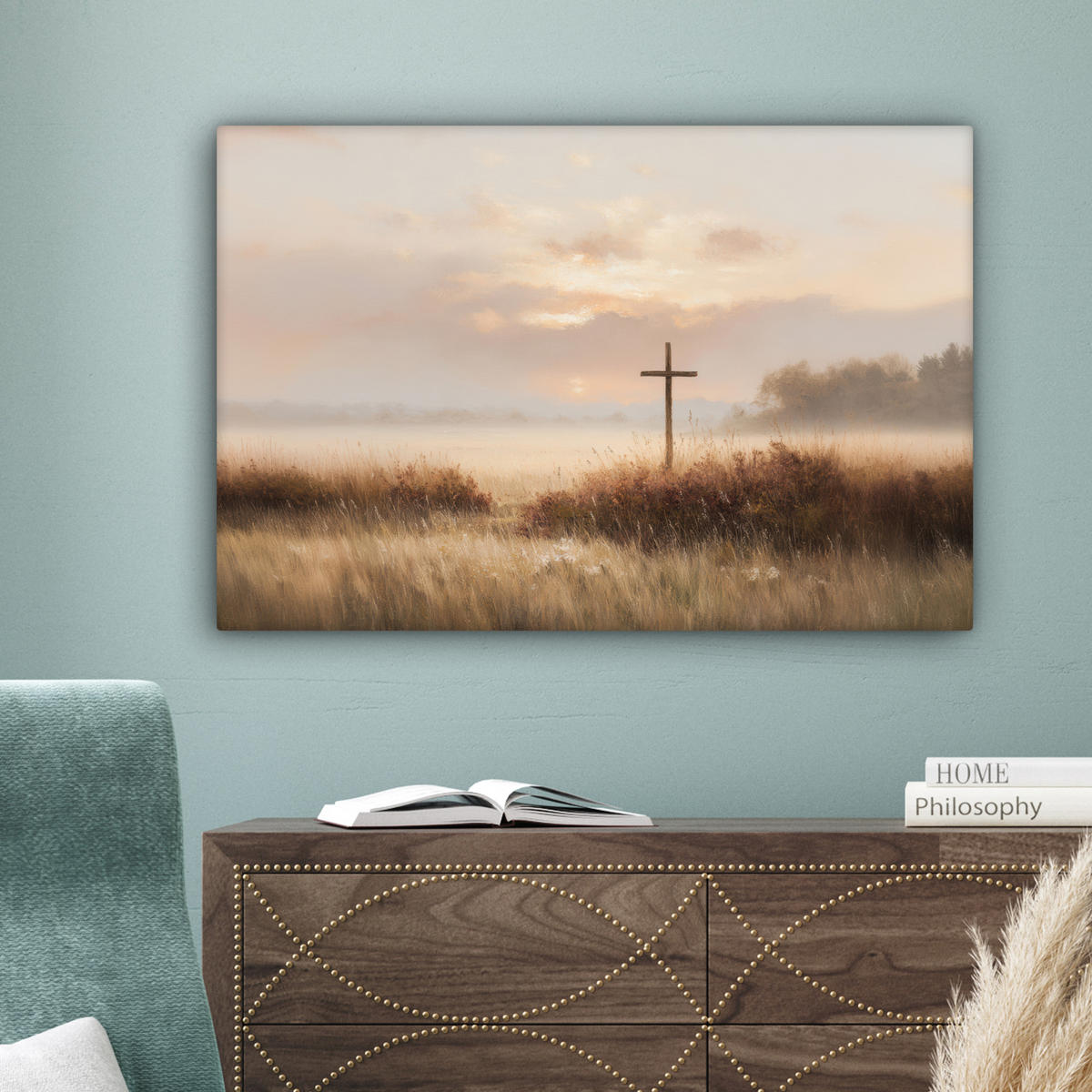 LEINWANDBILD Gras - Morgennebel - Kreuz - Christentum Gemälde 60x40 cm - Beige, Textil (60/40cm) - MuchoWow