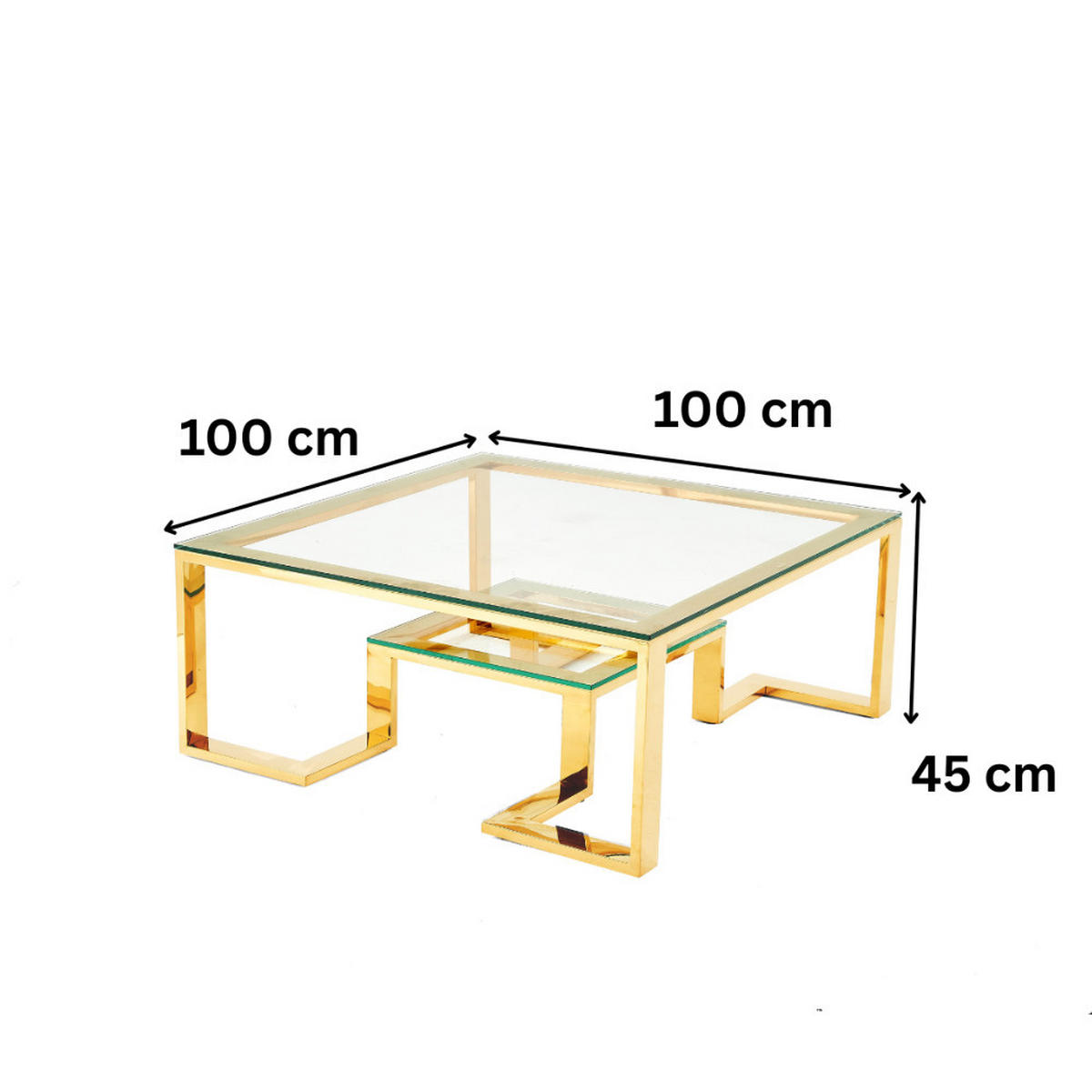 DESIGN-COUCHTISCH "AUREA" – Quadratischer Glas-Wohnzimmertisch mit geometrischem Gold-Gestell - Goldfarben, Glas (100/100/45cm) - alesvelt