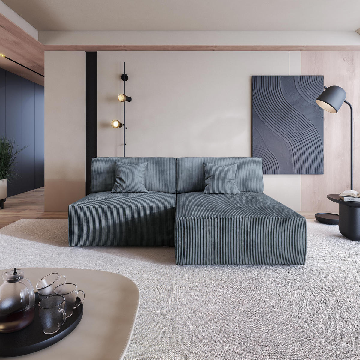 ECKSOFA FIORO P Grau Kordstoff mit Schlaffunktion - Grau, Holz/Kunststoff (204/148cm) - MASSENO