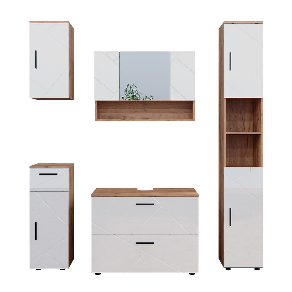 BADMÖBEL-SET Irma Weiß Hochglanz/Goldkraft Eiche 5 Teile - Weiß Hochglanz/Eiche Wotan, Holzwerkstoff (80/58.6/41cm) - Vicco