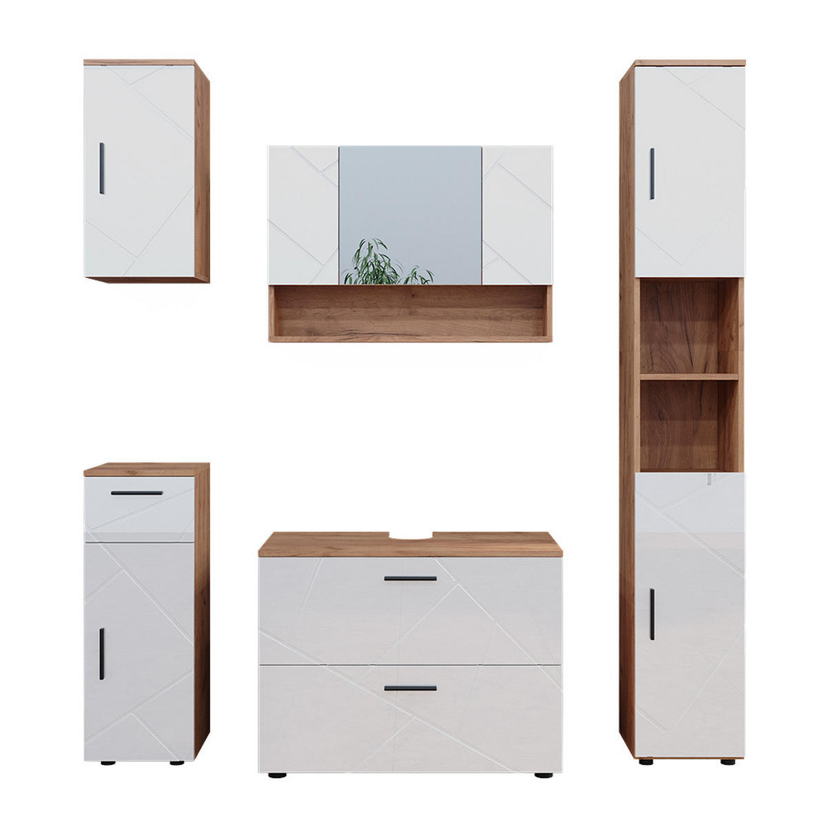 BADMÖBEL-SET Irma Weiß Hochglanz/Goldkraft Eiche 5 Teile - Weiß Hochglanz/Eiche Wotan, Holzwerkstoff (80/58.6/41cm) - Vicco