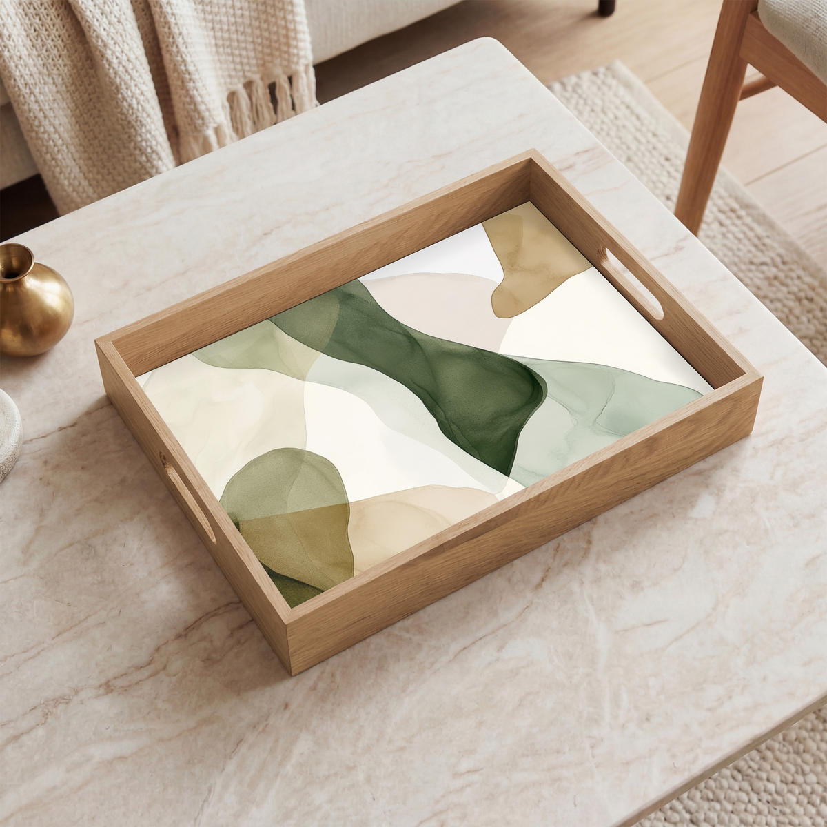 TABLETT - Japandi - Abstrakt - Grün - 40x30 cm - Grün, Holz (40/5/5cm) - OnlyWow