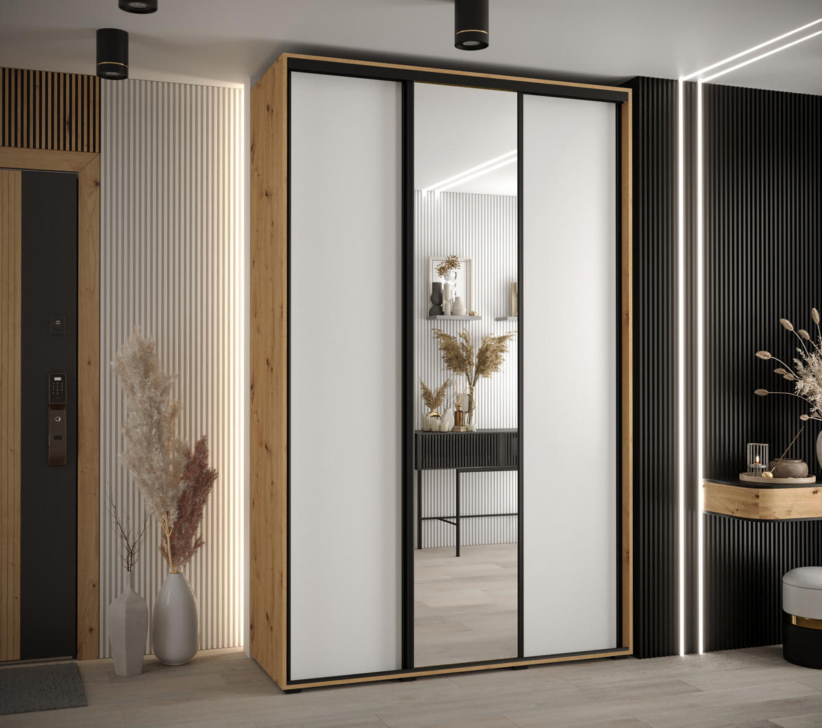 SCHWEBETÜRENSCHRANK 235,2/150/60 3-türig - Schwarz/Weiß, Holz/Metall (150/235/60cm) - Abiks Möbel