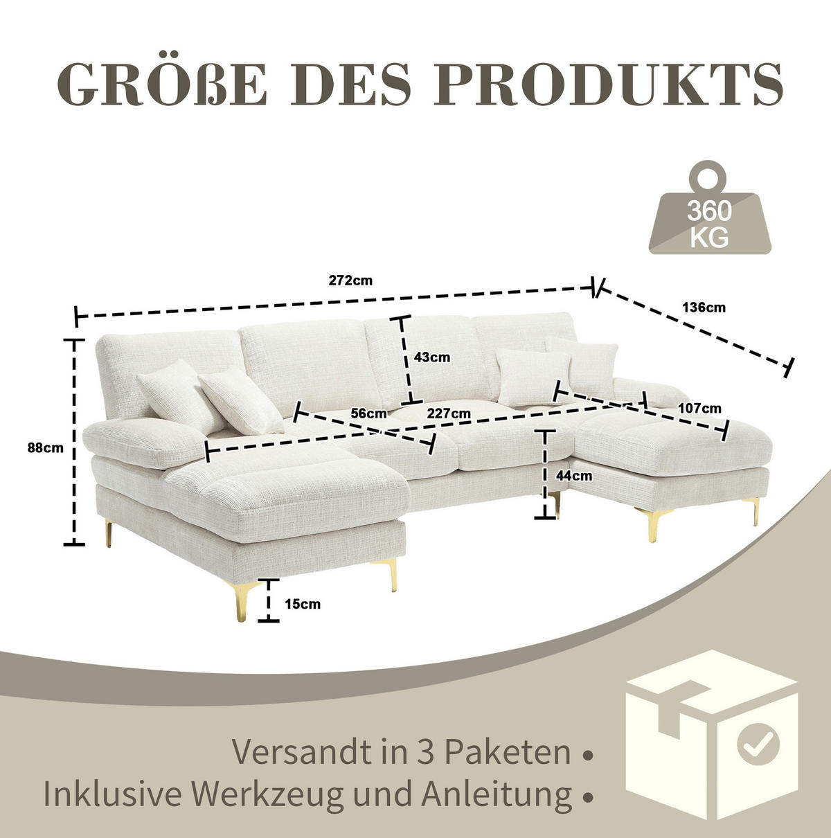WOHNLANDSCHAFT U-Form Chenille mit 2 Liegeflächen 272/136/88 cm Beige - Beige, Textil/Metall (136/88/272cm) - Redom