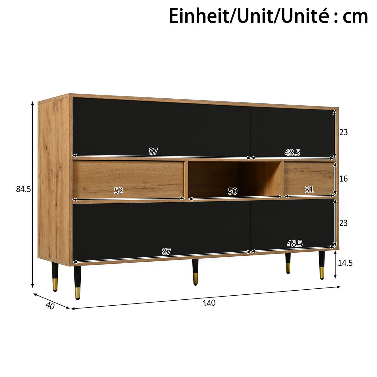 SIDEBOARD Holz Schwarz 2 Schubladen Türen Mittelfach Modern - Multicolor, Holzwerkstoff (140/84.5/40cm) - FLIEKS