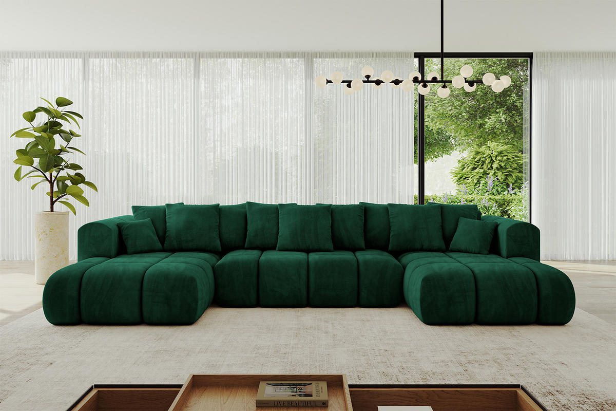 WOHNLANDSCHAFT Ottomane Links CLOUD-U-v1 414x180x40 Dunkelgrün Velours - Dunkelgrün, Holzwerkstoff/Kunststoff (414/90/180cm) - ALTDECOR