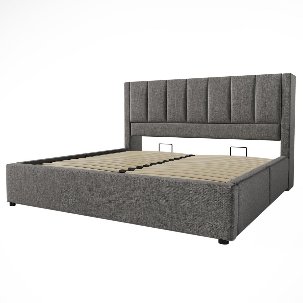 POLSTERBETT 180/200 cm mit Ladestation, versteckten Becherhaltern und Bettkasten, Leinenoptik, Grau - Grau, Textil (180/200cm) - Redom