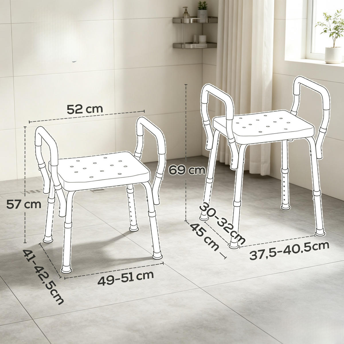 DUSCHSTUHL 6-fach höhenverstellbar, DE-42181, Silber/Weiß - Weiß, Kunststoff/Metall (45/69/52cm) - ComfortXL