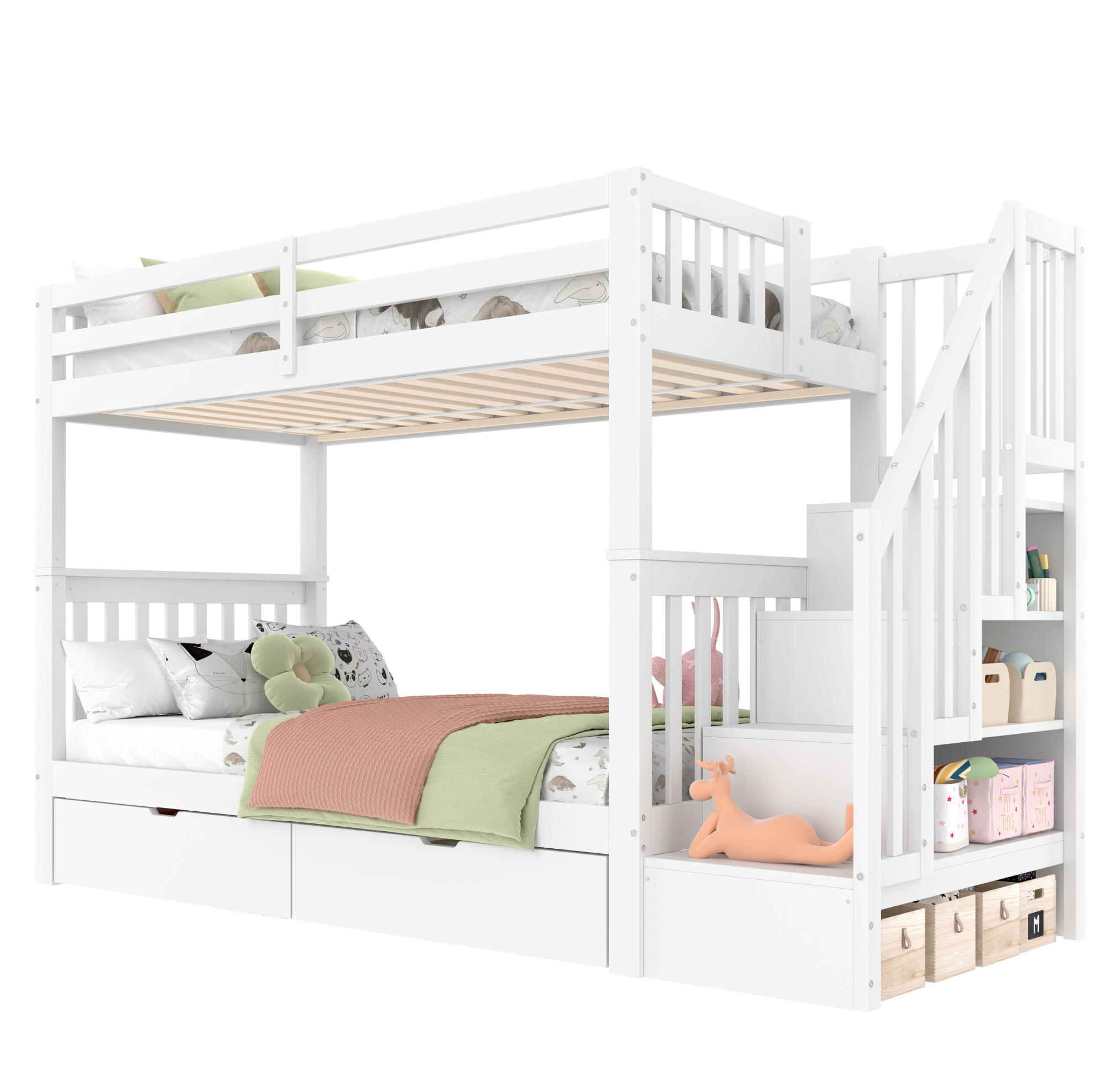 ETAGENBETT 90/200 cm in Weiß mit Treppenregal und 2 Schubladen - Weiß, Holz (90/200cm) - BEAOK