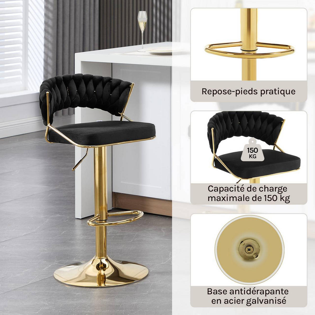 BARHOCKER 4er Set, mit geflochtener Rückenlehne, Samt, Schwarz - Goldfarben/Schwarz, Textil/Metall (48/83/46.5cm) - Woltu