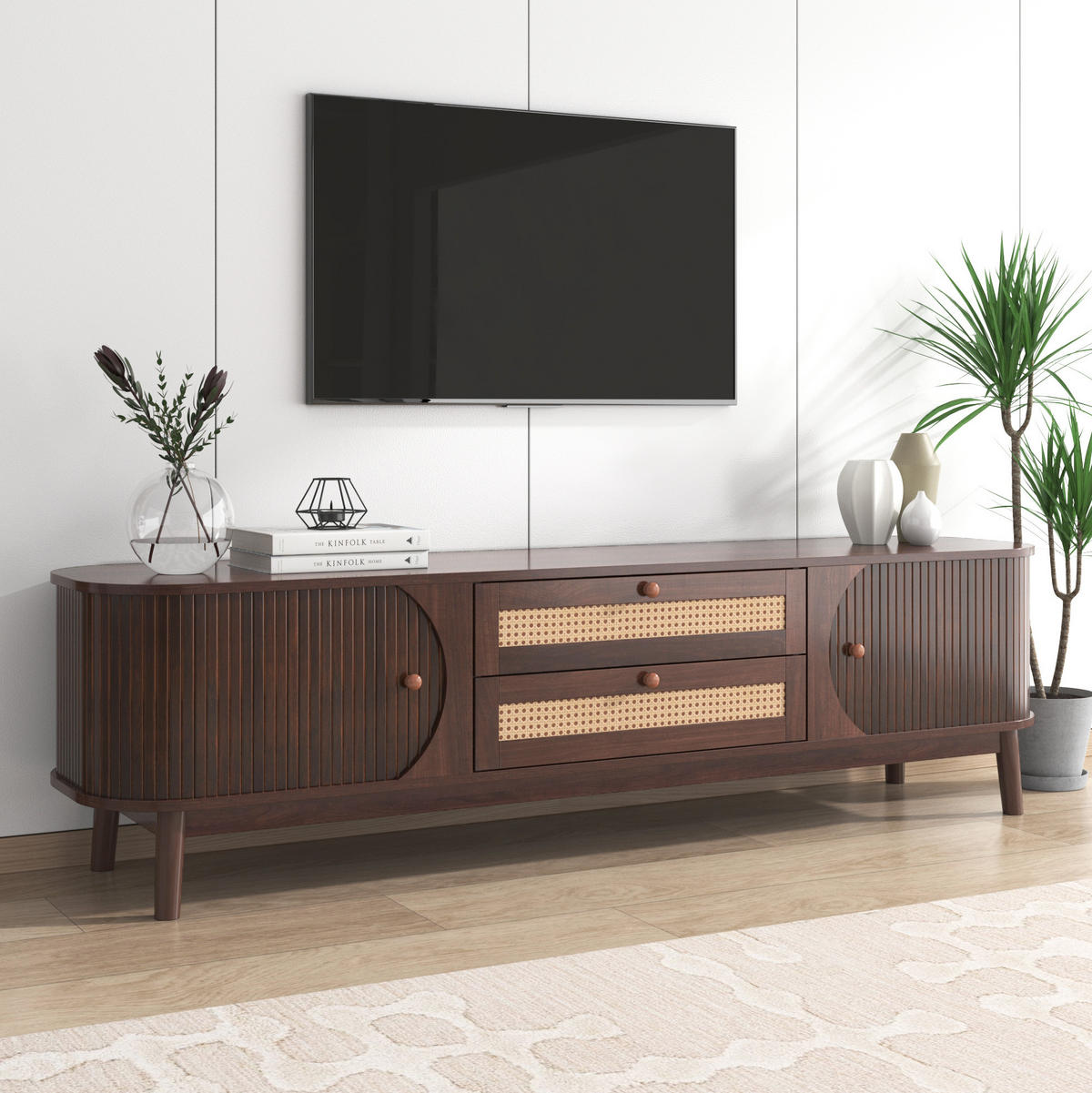 TV-SCHRANK aus MDF 170x39,5x46 cm Natur mit Türen, Schubladen und Rattanfronten - Naturfarben, Holzwerkstoff (170/46/39.5cm) - Modfu