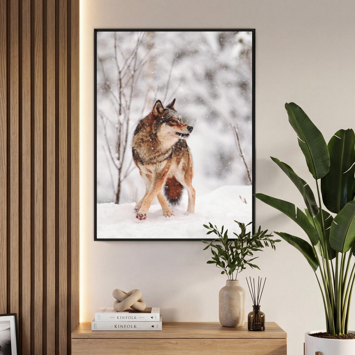 LEINWAND Bilder mit Rahmen - Wolf - Winter - Schnee - Natur - Tiere - 70x100 - Haselnussfarben, Textil (70/100cm) - MuchoWow