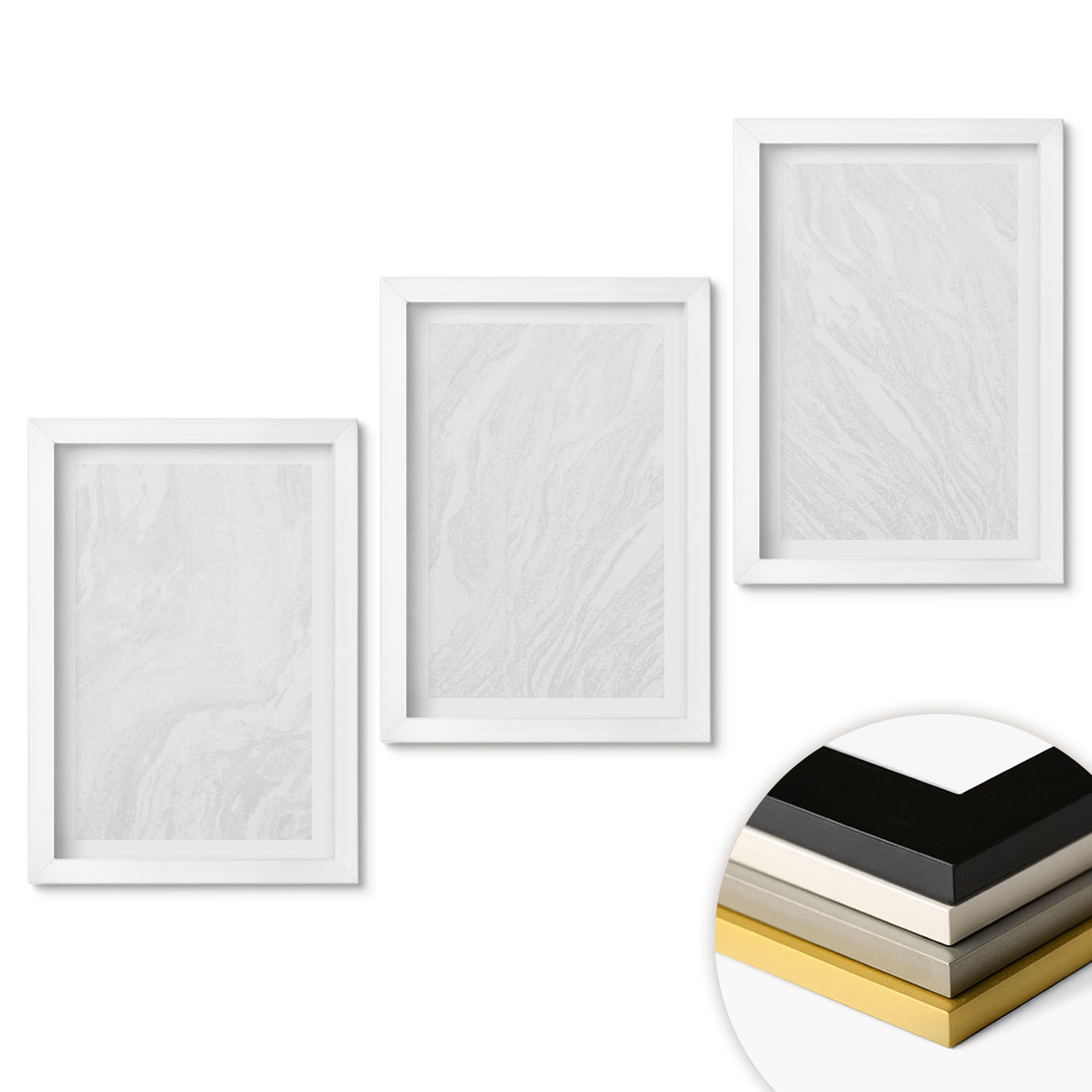 WANDBILDER 3er-Set - 20x30 cm Weißer Rahmen - Elegante Marmorstruktur - Weiß, Kunststoff (20/30cm) - ArtPrintCave